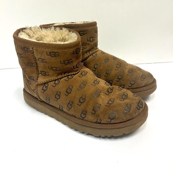 UGG Women Classic Mini II Boot 7 Chestnut Embossed All Over logo Suede Casual - Picture 8 of 10